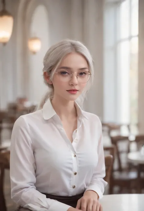 At best....., high-detail, master-piece, ultra-detail, (Realistic:1.2), 1girls, ( Cafe Background),, delicate eyes, silver-haired, purple eyes, Hair ornaments, (Clear Buttons White Tight Office Shirt:1.3),Hair length, light_ear, diadem_braid, expressionles...