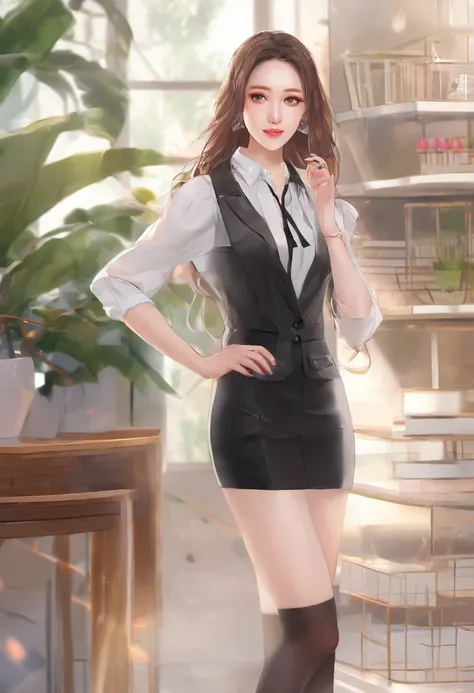 Ultra-high rendering，see-through shirts，Black mini-short hip skirt，black lence stockings，black heels，Chest propped up transparent shirt，Facial fascination，Do not wear underwear and underwear，Butt up