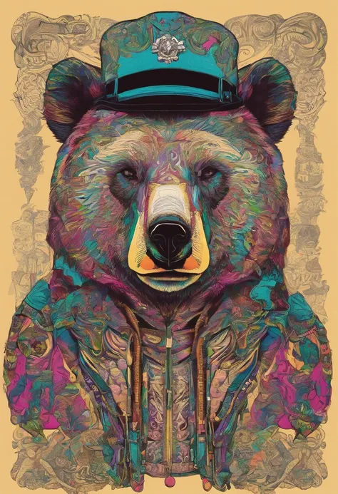 Drawing of a cool bear in a hat，Popular at Art Station，dressed in punk clothing，Detailed, hyper realistic rendering，British gang member，Street style，intimidating pose，planet of the cats，Stylish clothes，urbansamurai，mewtwo，West Slavic traits，8 1 5，animate