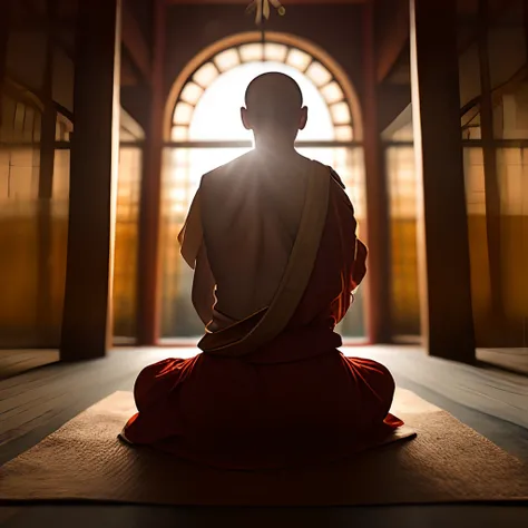 Um velho monge senta-se em uma grande rocha，Monge extremamente velho，（Pray in lotus pose），Buddhist monk meditation, on path to enlightenment, Man has a deep connection with God, Zen Meditation,vestido marrom，(Rear view)，from the back，Rear angle，luz grande，...