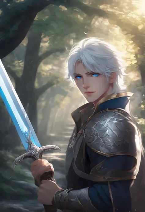 high quality,anime style,white-haired young man with blue eyes,no beard,
sword,misty scenery