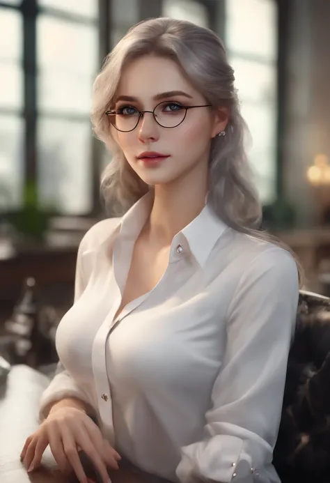 At best....., high-detail, master-piece, ultra-detail, (Realistic:1.2), 1girls, ( Cafe Background),, delicate eyes, silver-haired, purple eyes, Hair ornaments, (Clear Buttons White Tight Office Shirt:1.3),Hair length, light_ear, diadem_braid, expressionles...