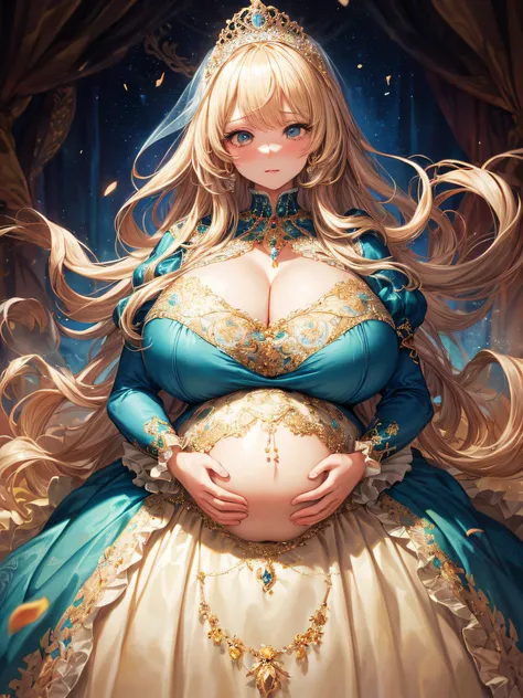 (masterpiece, best quality,extremely detailed:1.1),(moe anime art style:1.2),1girl,((full body,focus face)),((solo)), cute, kawaii,digital art,((1 bling-bling pregnant princess wearing beautiful embroidery and jeweled gorgeous rococo ballgown with jeweled ...