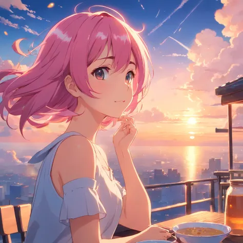 master-piece, beste-Qualit, movie still, 1girls, pink hair, Crockery holder, cloud girl, floating in the sky, closeup, shining, happy, Warm soft lighting, sunset, (sparks:0.7)