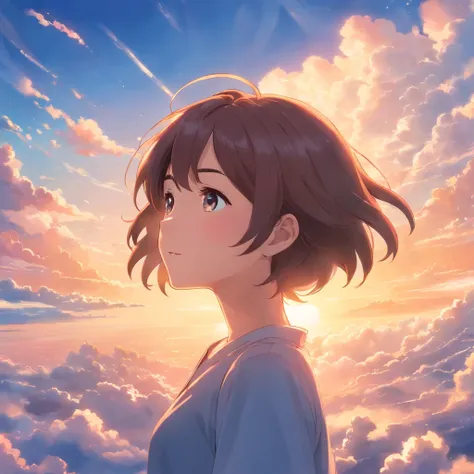 masterpiece, best quality, movie still, 1girl, cloud girl, floating in the sky, close-up, bright, happy, warm soft lighting, sunset, (sparks:0.7)