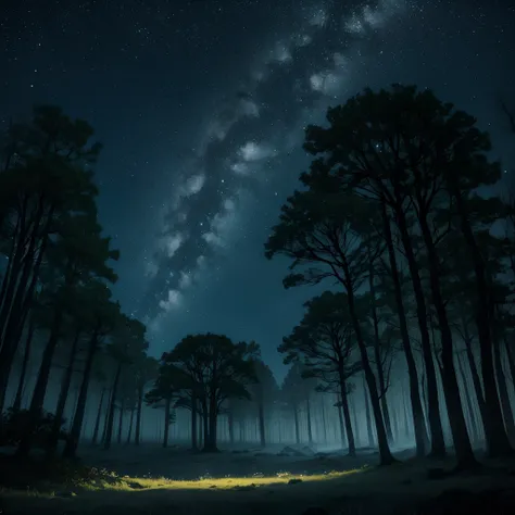 Imagine a serene moonlit forest clearing, where a solitary, ancient oak tree stands tall, its gnarled branches reaching up to touch the starry night sky. Fireflies dance around the tree, casting a soft, ethereal glow, while a gentle mist rolls in, adding a...