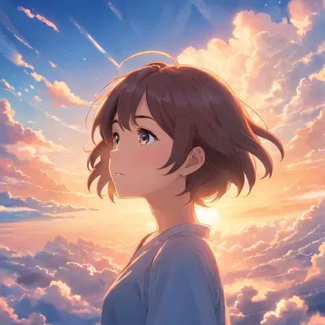 masterpiece, best quality, movie still, 1girl, cloud girl, floating in the sky, close-up, bright, happy, warm soft lighting, sunset, (sparks:0.7)