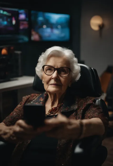 elderly woman in her 80s, sitting in a gaming chair, in a gaming room, glasses, horizontal cell phone in her hand, realistic, looking directly at the camera, hd, 8k