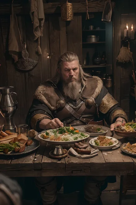 arafed man sitting at a table with a plate of food, medieval feast, portrait of a viking, viking style, viking culture, barbarian celebrate his birthday, epic viking king, ancient viking warrior, dinner is served, big butcher man posing scarily, lawther si...