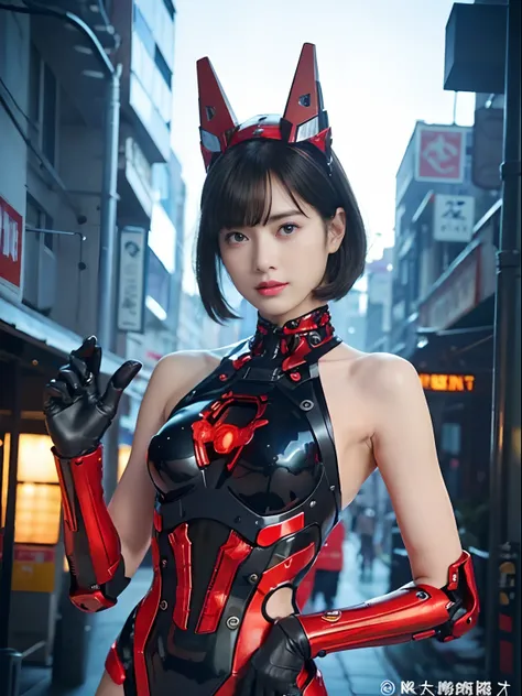 （Fight against mechanical robot soldiers）、top-quality、​masterpiece、超A high resolution、(With a futuristic machine gun、holding knive),（Wearing a futuristic hat）、(Photorealsitic:1.4)、Raw photo、女の子1人、Black hair、glowy skin、((1 Mechanical Girl))、((super realisti...