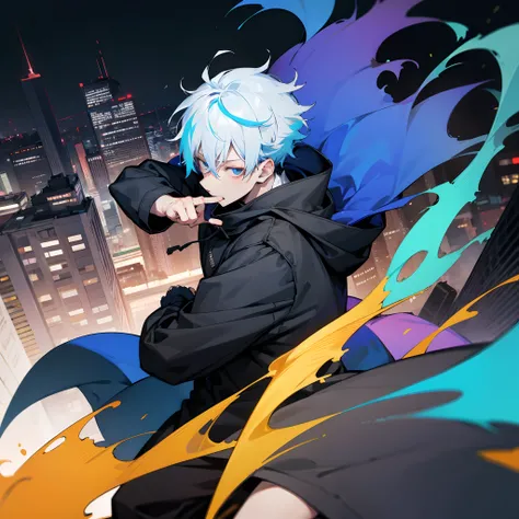 Jujutsu Kaisen  ,multicolored hair,  blue hair , white hair , loose fitting black hoody jacket , city , 1male , medium length hair , 1male