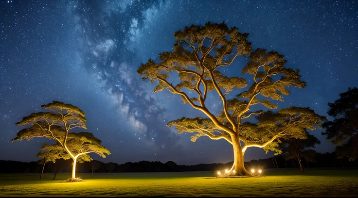 Imagine uma serena clareira de floresta iluminada pela lua, where a loner, carvalho antigo ergue-se alto, its twisted branches extend until they touch the starry night sky. Fireflies dance around the tree, fundindo um suave, ethereal glow, like a soft mist...