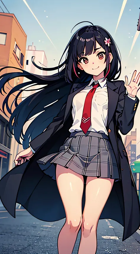 ((Masterpiece, Best Quality)), (Solo), full length figure, uniform, (Glitter Lame: 1.2), long white shirt, colorful red tie, navy blazer, beautiful knee-length gray plaid skirt fluttering in the wind, shiny black tights, loafer shoes, teen girl, small brea...