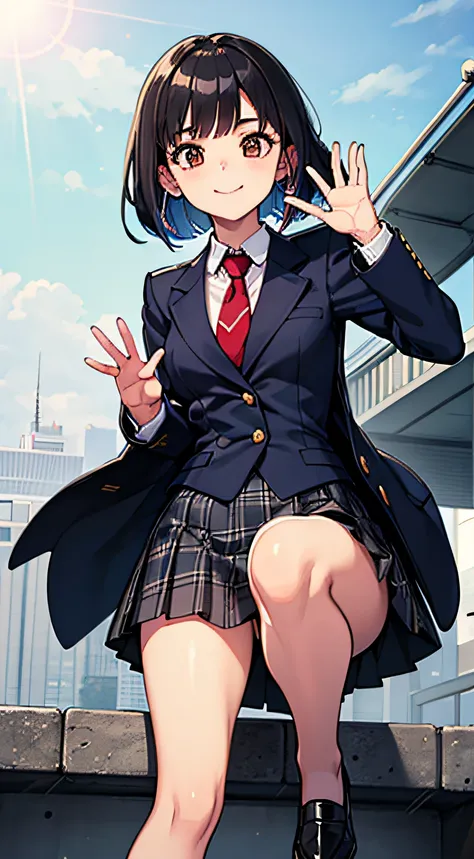 ((Masterpiece, Best Quality)), (Solo), full length figure, uniform, (Glitter Lame: 1.2), long white shirt, colorful red tie, navy blazer, beautiful knee-length gray plaid skirt fluttering in the wind, shiny black tights, loafer shoes, teen girl, small brea...