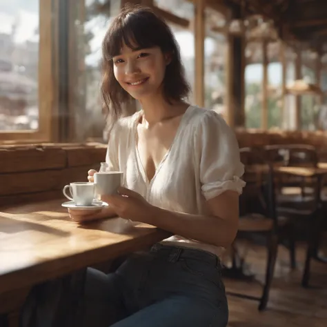 (best quality ),(masterpiece),(ultra detailed), ultra high res, (super fine illustration),Casual breakfast style, jeans and t-shirt. Smiling while holding a coffee cup and reading a newspaper at a table in a cafe. A pose that expresses the calm morning atm...