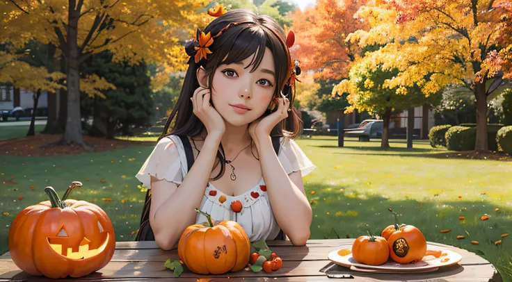 anime girl with pumpkins and tomatoes on a table in the park, the goddess of the autumn harvest, 🍁 cute, ❤🔥🍄🌪, loli, 🍂 cute, goddess of autumn, anime food, kawai, official art, seasons!! : 🌸 ☀ 🍂 ❄, high-quality anime art style, sakimichan, realistic anime ...