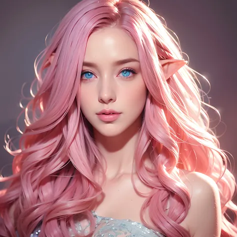 a woman, long curly hair, pink hair, blue eyes, elf, delicate, sext