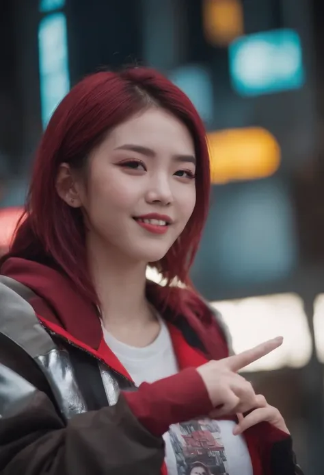 Laughing Japanese girl,pale skin,beatiful face,rose hair,showsmiddle finger,red jacket Tokyo, with Cyberpunk style,Japanese streetwear,Tokyo Fashion,Wearing a Cyberpunk 2 jacket 0 7 7