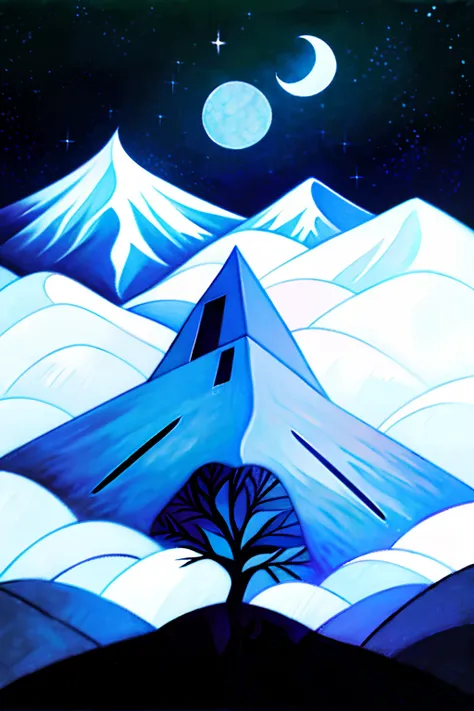 (Painting,Geometry)under moonlight，A mountain，There is a tree in the mountains(Masterpiece,Detailed,A high resolution:1.4)