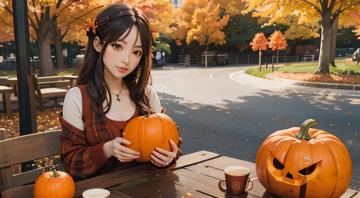 anime girl with pumpkins and tomatoes on a table in the park, the goddess of the autumn harvest, 🍁 cute, ❤🔥🍄🌪, loli, 🍂 cute, goddess of autumn, anime food, kawai, official art, seasons!! : 🌸 ☀ 🍂 ❄, high-quality anime art style, sakimichan, realistic anime ...