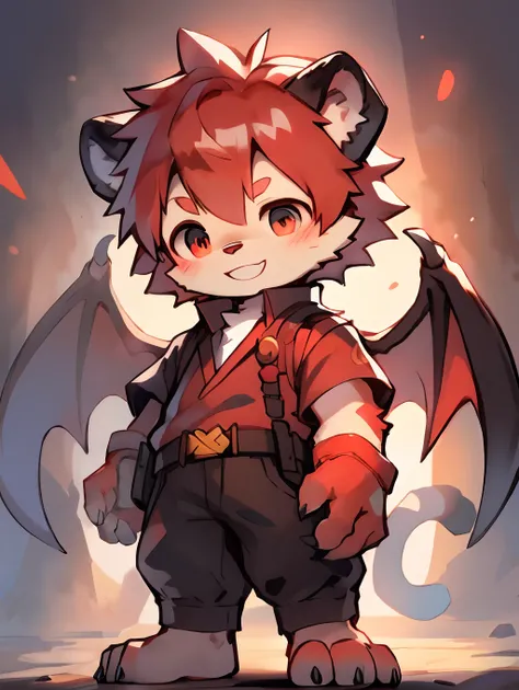 Shota，Red color hair ，male people，Q version，（toddlers，baby）， adolable， standing on your feet， Master masterpieces， A high resolution，8K，detailedbackground，high high quality，Libido boy，（（（独奏））），(Devil wings，devil horns，Black and red clothes，clawed paws：0.6)...