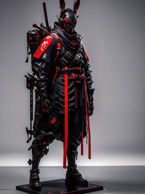 dark fantasy full body a realistic rabbit samurai with high-resolution red, grey and black, rabbit head, tactical suit, mech det...