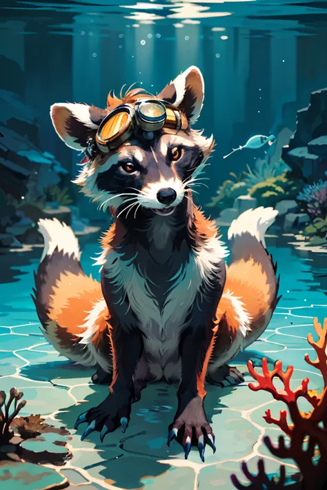 (best quality,4k,8k,highres,masterpiece:1.2),ultra-detailed,(realistic,photorealistic,photo-realistic:1.37),raccoon in the underwater world, colorful bubbles,bright colors, underwater lighting, vibrant marine flora and fauna, playful raccoon swimming grace...