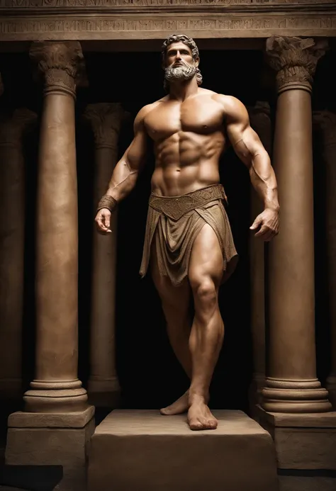 Giant barefoot warrior muscular ancient roman,Height is 1,70 metros，Caucasianos，There are many short humans at your feet