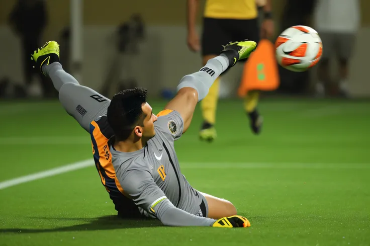 Jogador de futebol em uniforme na cor cinza e laranja chutando uma bola de futebol, chuteira preta e amarela e luvas cinza e amarelas, fotografia de esporte, tiro perfeito, very artistic pose, fotografia esportiva, futebol, Ultra sharp focus, tiro realista...