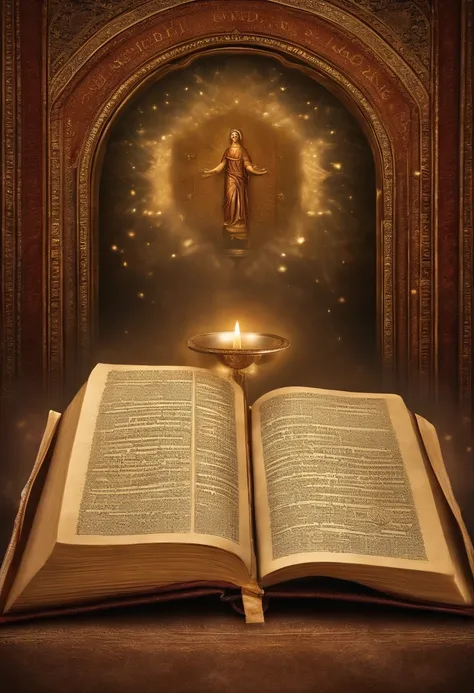 "Create a high-definition image of the Holy Bible along with myrrh crystals, that captures the reverence and spiritual significance of this holy book. The image should convey the historical and religious importance of the Bible, apresentando-a de forma dig...