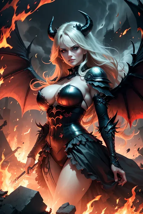 Ultra-detailed Stormy Daniels stands atop a pile of burning ruins, Her diabolical and insidious presence radiating from her dark crown and black and red evil queen dress................................ Her demon wings on her back and demon horn give her an...