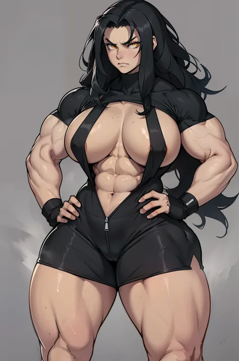 ((grey background)), solo, ((((1 girl)))), very long hair, black hair, angry, yellow eyes, (((((muscular))))), (huge tits), (thick thighs), (wide hips), pale skin, standing, slick hair