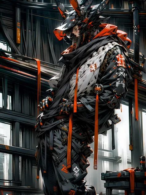 Dark fantasy full body a realistic rabbit samurai with high-resolution red, grey and black, rabbit head, tactical suit, mech details, techwear