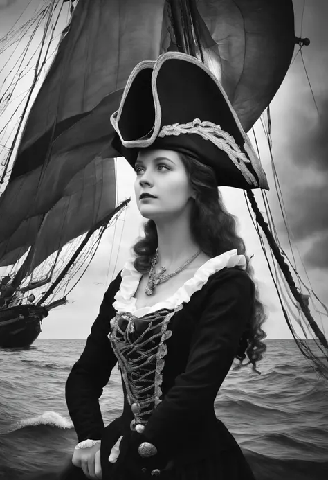 black and white photograph of a young pirate woman with a majestic and dark sailing ship in the background