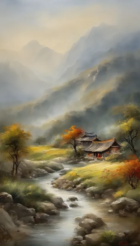 Chinese Landscape Painting，ink and watercolor painting，water ink，墨水，stain，Faraway view，Ultra-wide viewing angle，Meticulous，Diagram of five cows，Five scalpers，bank，Small Stone Bridge，grassy fields，a tree，Mountain view，（8k wall paper），（The effect of light an...