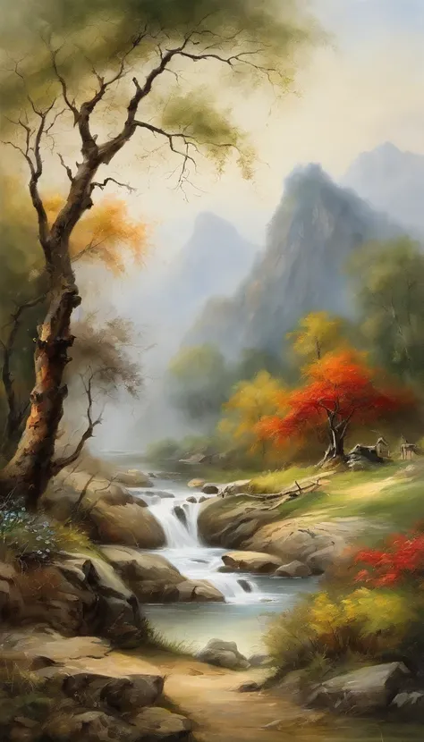 Chinese Landscape Painting，ink and watercolor painting，water ink，墨水，stain，Faraway view，Ultra-wide viewing angle，Meticulous，Diagram of five cows，Five scalpers，bank，Small Stone Bridge，grassy fields，a tree，Mountain view，（8k wall paper），（The effect of light an...