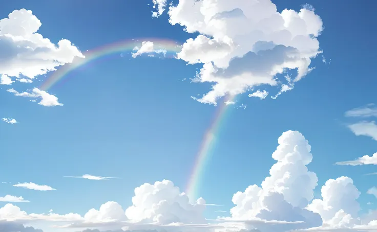 There is a rainbow with clouds in the sky、In the sky is a rainbow, anime clouds, Anime Background, Anime Sky, beautifull puffy clouds. Anime, colorful anime movie background, Anime Background Art, anime movie background, luminous sky heaven background, stu...