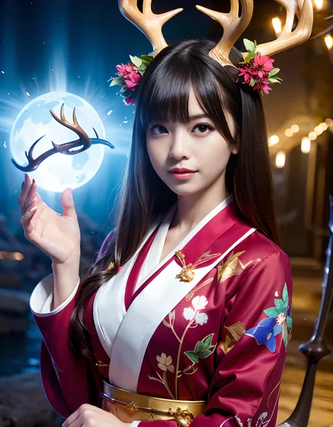 ((World of Darkness)),Professional , ​masterpiece、top-quality、photos realistic , depth of fields 、（Maikos hairstyle）、(Maple background in full bloom),（Ultimate Beauty）、Red-haired、（Fight ninjas)、（Kimono with beautiful pattern）、（Night background）、（（a dark ni...