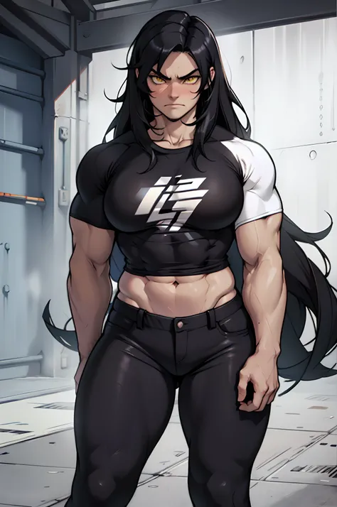 1girl, extremely long hair, solo, ((muscular)), veins, black hair, yellow eyes, blushing, thick thighs, pale skin, strong, veins, abs, big thighs, huge breasts, navel, standing, angry, tight pants, tight shirt