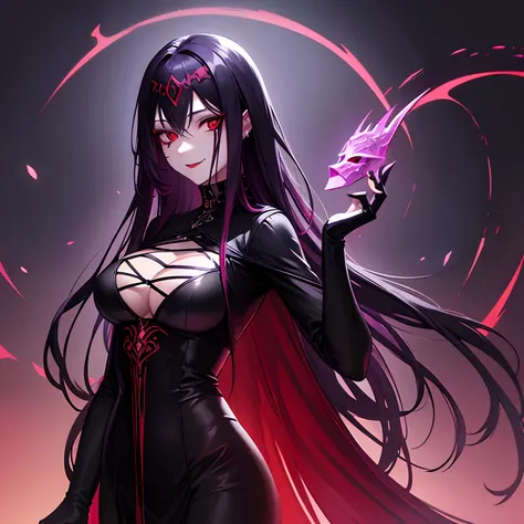 Woman, long dark purple hair, red eyes with a bright light, black long dress, witch, silver jewelry in the shape of ribs, metal mask on half of the face, snake tattoo, dark background, black lipstick