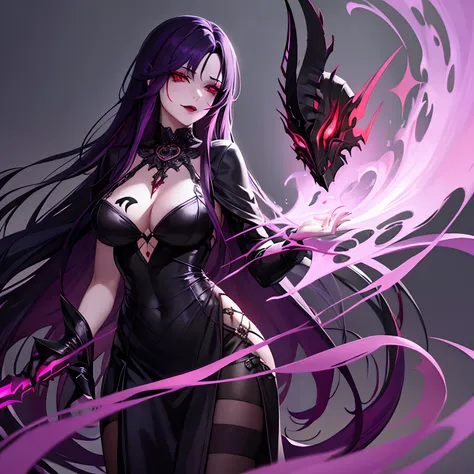 Woman, long dark purple hair, red eyes with a bright light, black long dress, witch, silver jewelry in the shape of ribs, metal mask on half of the face, snake tattoo, dark background, black lipstick