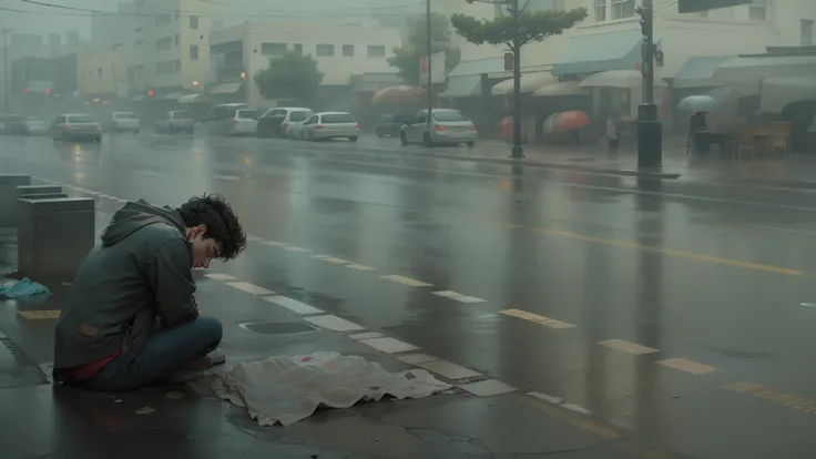 A young man sleeps in the street，The rain fell on her tattered clothes