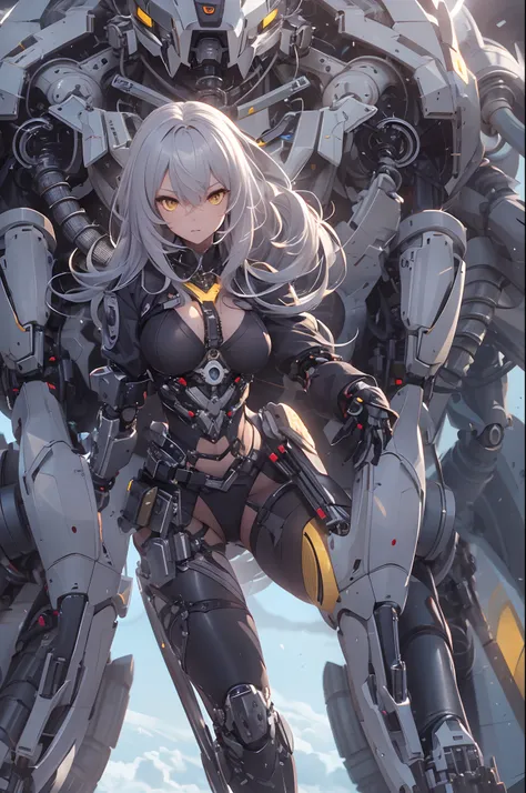 1woman, solo,long hair, shaggy grey hair, yellow eyes, big breasts, 173 cm tall, (prosthetic mechanical arms and legs), Dynamicangle,(cinematic lighting, close-up, super detail, UHD) ,Fighting, sharp,