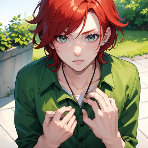 (masterpiece), (best quality), (super detailed), ((1boy)), short red hair, green eyes, (male focus), student outfit, (close up photo), ((icon)), 200m, school