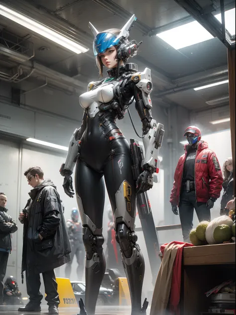 a Mecha woman with a helmet standing in front of a group of mannequins, cyberpunk art by Jim Burns, cgsociety, retrofuturism, daz3d, ps1 graphics, dystopian art