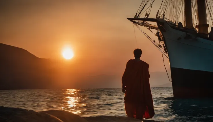 A vibrant sunset over the Aegean Sea with a young Julius Caesar travelling by ship.