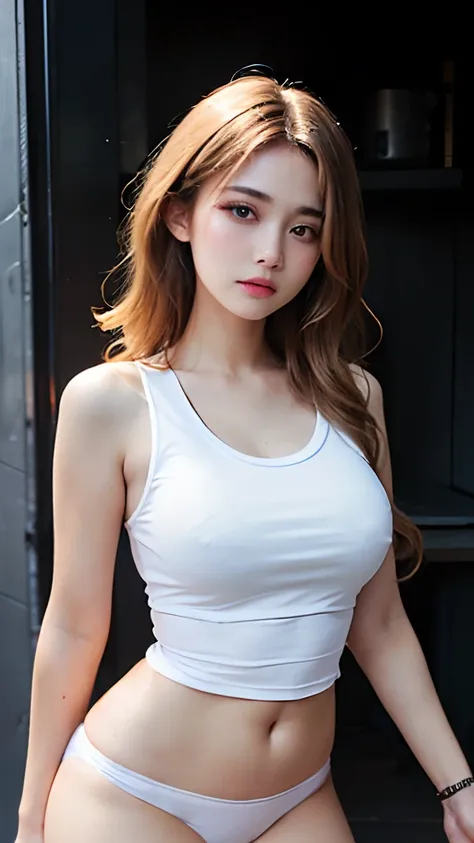 (1girll)、large tities、Breasts、sunburnt、Expose muscles、Sweat muscles、Wavy blonde hair、White T-shirt、Punk girl、Dark hair、Transparent tank top、Erotic、Thin and light、T-pad panties