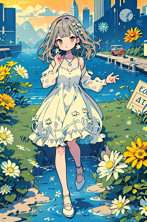 (Best quality, 4K, 8K, highs, Masterpiece: 1.2), Ultra detailed, Any time, Illustration art, Cardboard style, (Girl sitting in grade: 1.4), Distance from mountains, urban skyline, White daisies, Yellow dress, Straight dress, Beautiful and detailed facial f...