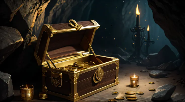 treasure chest full of coins, with gold all around, at the bottom of a cave, dark fantasy style, detailed rock formations, dimly-lit atmosphere, mysterious shadows, intricate engravings on the chest, flickering torches, sparkling gems, ancient runes, eerie...