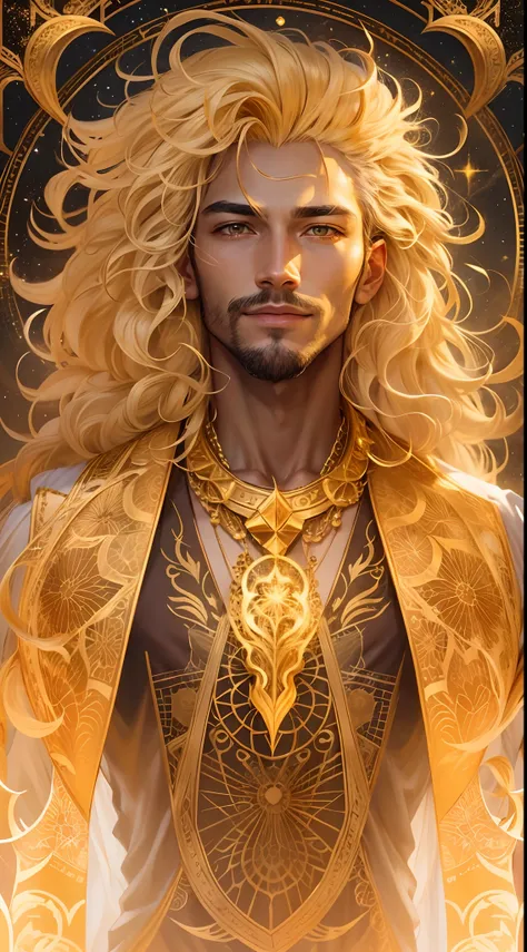 Create a man with unique characteristics, inspired by the sign of Leo and the cosmological stars An artistic representation of the essence of this sign, with striking features and a mysterious aura, leave in evidence golden traces of gold and golden lights...